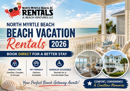North Myrtle Beach Beach vacation - North Myrtle Beach Vacation Rentals Advertisement for North Myrtle Beach beach vacation rentals 2026 featuring an ocean-view scene with a sandy porch, book-direct slogan, and circular interior images; highlights family-friendly, pet-friendly, and accessible options.