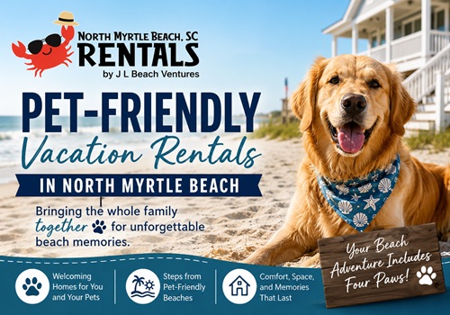 pet-friendly vacation rentals in North Myrtle Beach SC - North Myrtle Beach Vacation Rentals Banner promoting pet-friendly vacation rentals in North Myrtle Beach; golden retriever on beach wearing a blue bandana, with logos and beach-themed text